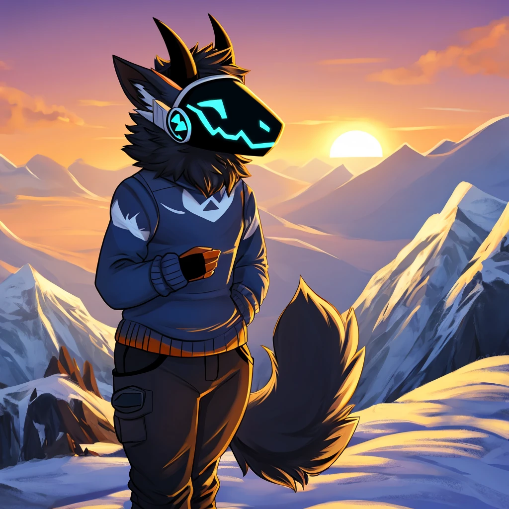 Hairy protogen with horns not so big or small on its head and smiling at a sunset in a mountain and blue with black and white fur and with the body of a protogen with more vital parts and with a sweater and mountain pants being alone and his tail a little long and fluffy