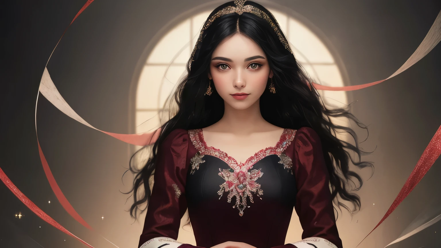 ((best quality)), ((masterpiece)), (detailed), A digital illustration of a young woman surrounded by fabric and sewing materials, with magical sparkles emanating from her hands as she creates a dress. She has long black hair and is wearing a flowing red dress.