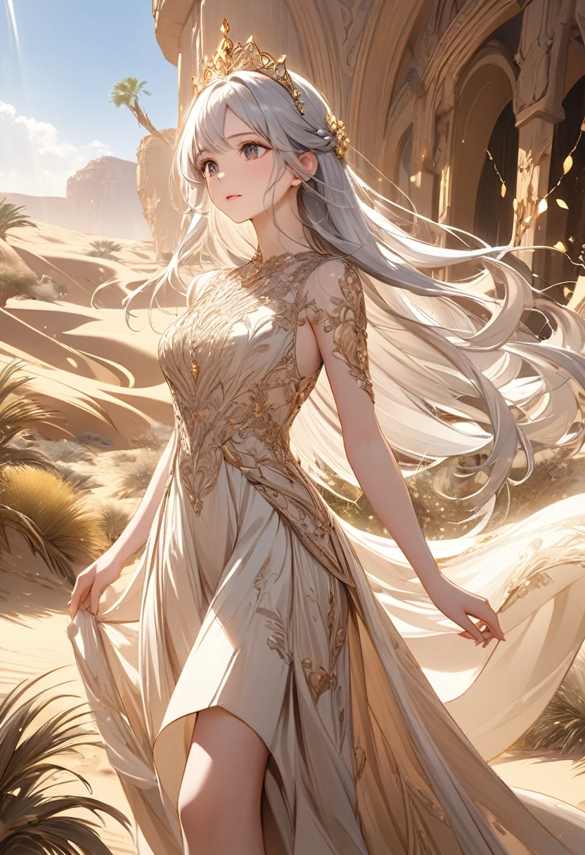   A charming and beautiful princess wearing a beige dress and a golden tiara stands in front of a desert oasis in the desert(close up)  hair is very long,Silver hair swaying in the wind, 

               Beige dress with gold thread decoration, flowing fabric and rich details, Sophisticated and elegant jewelry, , Delicate and luxurious art masterpiece beautiful, Intricate details Delicate and dynamic depictions of magical atmosphere Aesthetic art Precisely detailed fantasy art Ultra-detailed，complicated，Film perspective，The use of light and shadow in CG art is bright, High-quality animation style presentation