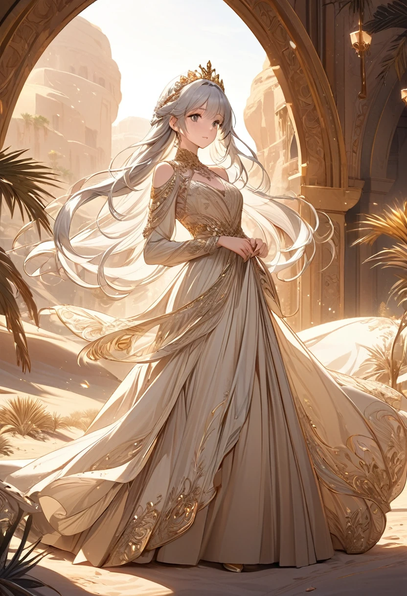 A charming and beautiful princess wearing a beige dress and a golden tiara with long hair is standing in front of a desert oasis in the desert,Silver hair swaying in the wind,
Beige dress with gold thread decoration, flowing fabric and rich details, Sophisticated and elegant jewelry, , Delicate and luxurious art masterpiece beautiful, Intricate details Delicate and dynamic depictions of magical atmosphere Aesthetic art Precisely detailed fantasy art Ultra-detailed,complicated,Film perspective,The use of light and shadow in CG art is bright, High-quality animation style presentation
