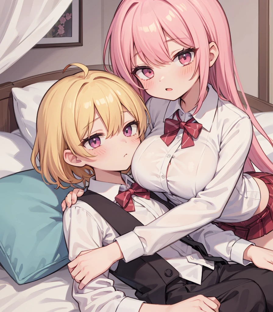 masterpiece, Highest quality, so beautiful, absurdists,High resolution,One girl, One boy,Cuddling in bed, like,sexly,Look at each one, blush,Age difference,bow tie,blondes,chest,Long Hair,Pink Hair,Tucked in shirt,short hair,skirt,Tent shirt,Slut,Big breasted sister and brother,Siblings, trousers,Pushing her big tits against her brother,(My brother&#39;s erect penis),((((姉のvery huge breasts,Sister crushes her big tits in her brother&#39;s face)))),(((((Very huge breasts))))),(((((penis,NSFW,Soft Very HUGE breasts))))),((Bursting Breasts,Huge breasts hiding her brother&#39;s face)),((((((((Huge Breasts, Large Breasts, Very Large Breasts, Very Large Breasts, Very Large Breasts, Very Large Breasts, Very Large Breasts, Very Large Breasts, Very Large Breasts, Very Large Breasts, Very Large Breasts, Very Large Breasts, Burying Face in Breasts)))))))),Two people gazing at each other,puffy breasts,((Face crushed by tits, huge breasts on brother's body, mouth covered by tits, breasts covering face)),((huge breasts)),soft massive breasts,crotch grab