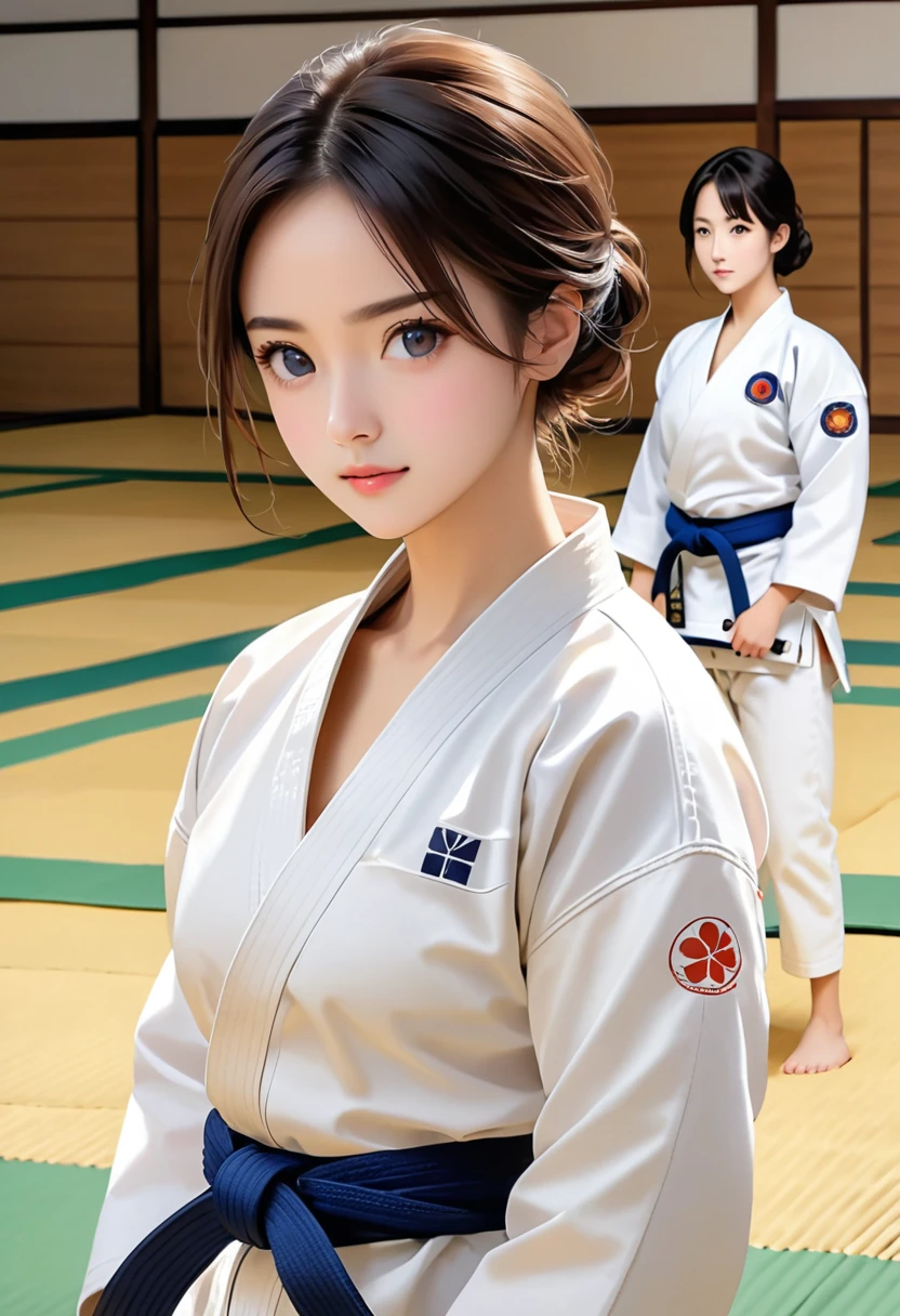 ((Match ring in the gym, two beautiful women competing in a judo ring on a tatami mat:1.2)), hole body, (((Judo stance:1.2))), slim body line, Small and slim figure, (small breasts, Decollete), ((Wearing a formal judo uniform:1.3, black belt)), ((detailed eyes and face:1.2, Professional photography techniques)), (highest quality, 8K, ​masterpiece:1.2, RAW photos), (realisti:1.3), (detailed hands) submission hold techniques