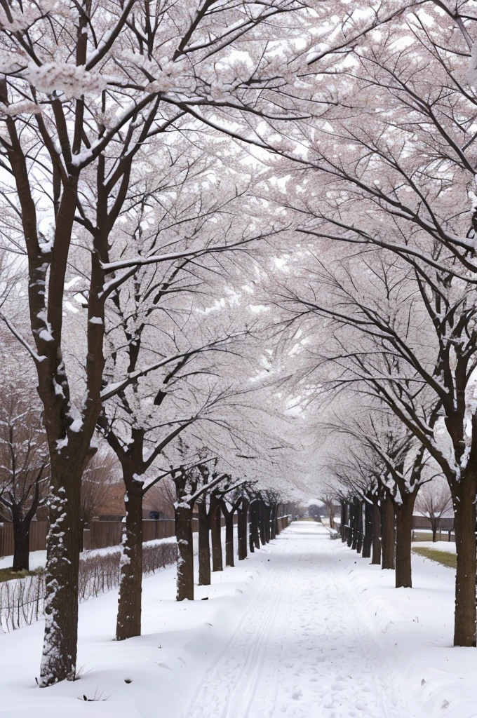 Snow falling from a cherry tree in the middle of a prairie