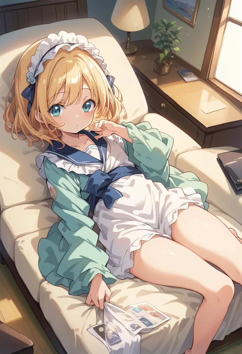 BREAK Perfect Anatomy、(High resolution:1.2)、Incredible illustrations、(Cute illustrations:1.2)、 (Beautiful background(on the couch)) ((oekaki ))1 girl(Curly short cut, aqua hair)(シークレットモーニングポストグリーンティーカラーレトロスイートクールベスト,シャツ,クロップドパンツ)