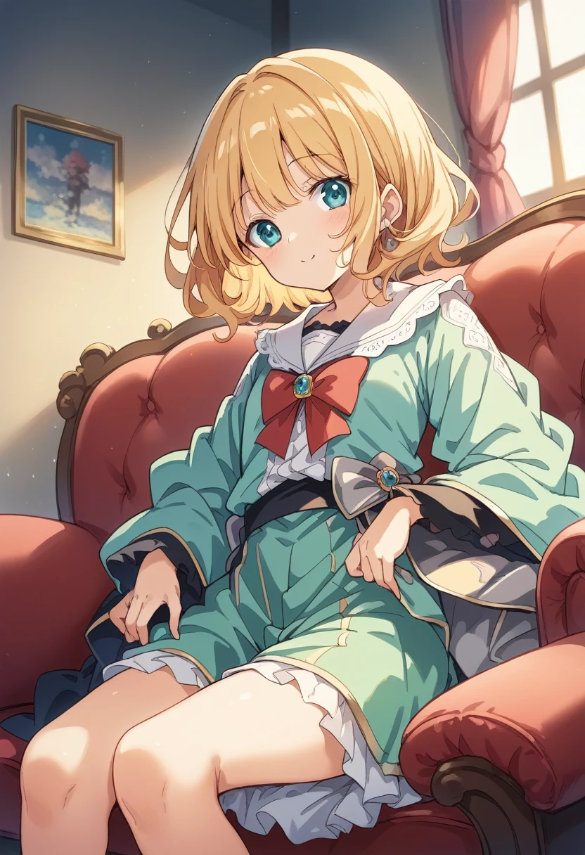BREAK Perfect ???????、(High resolution:1.2)、Incredible illustrations、(Cute illustrations:1.2)、 (Beautiful background(on the couch)) ((oekaki ))1 girl(Curly short cut, aqua hair)(シークレットモーニングポストグリーンティーカラーレトロスイートクールベスト,シャツ,クロップドパンツ)