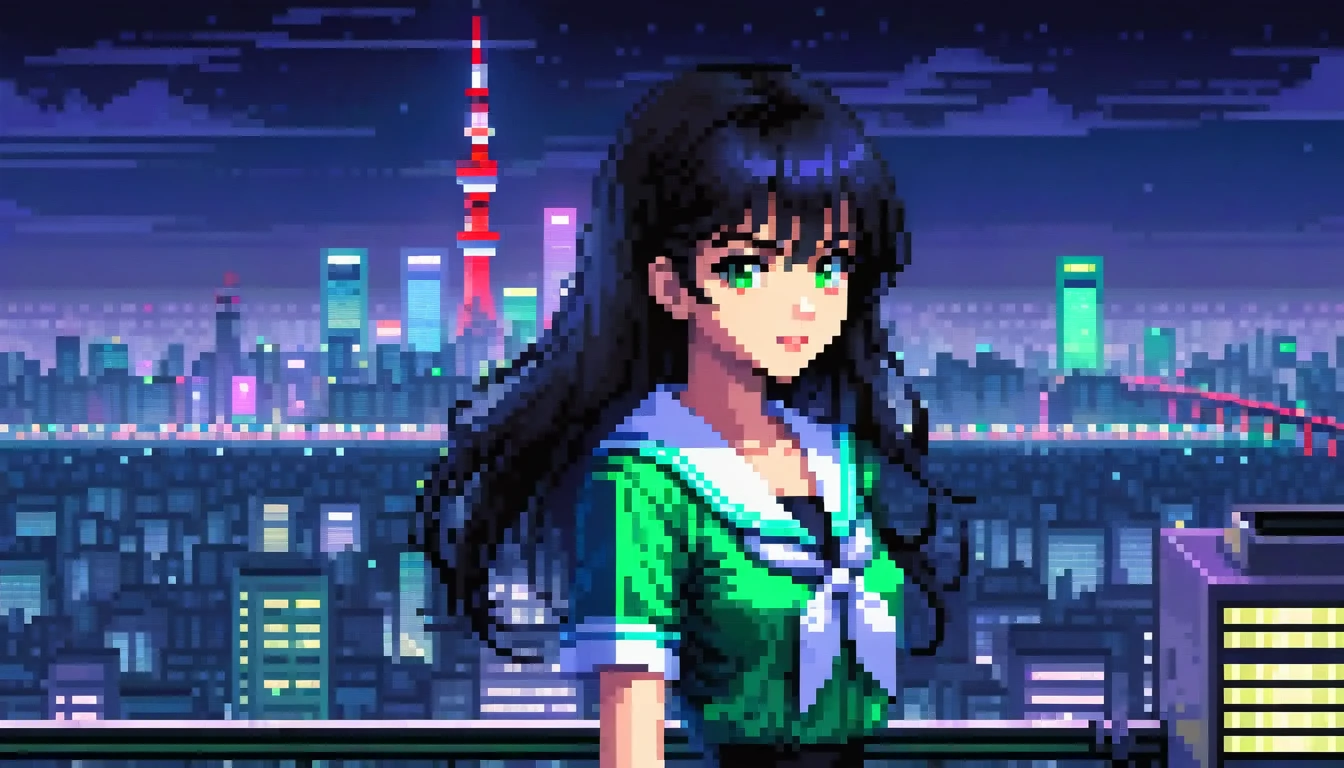 pixel, 16-bit Style, pixel art, Nintendo game scene, Cool colors, green,Tokyo at night in the background, Skyscraper, Skyline, Modern, Colorful lights, Tokyo Night, dark, A girl in the foreground, whole body, Woman with long black hair and bangs, dark eyes, depth of image　８０Decade Style　Clothes that reveal cleavage　Cool look　Sailor suit