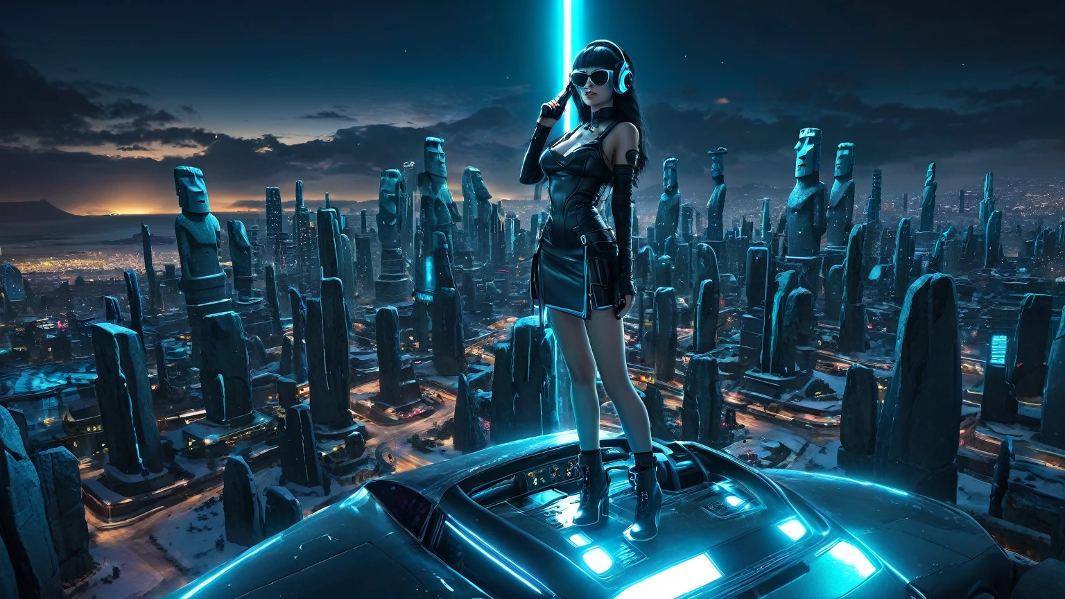 At night, dark sky, distant shot aerial view of fantasy cyberpunk style ice ((Moai-statue)) city, ((flying car)). ((1girl, solo, alone)), medium-breast:1.1 slim body, cleavage, sexy clothes, (headphone, black sunglasses, long black realistic hair), (((hip-up standing and holding pistol))), (((((half-body thigh level medium shot))))), cinematic lighting, lens flare, ray tracing.