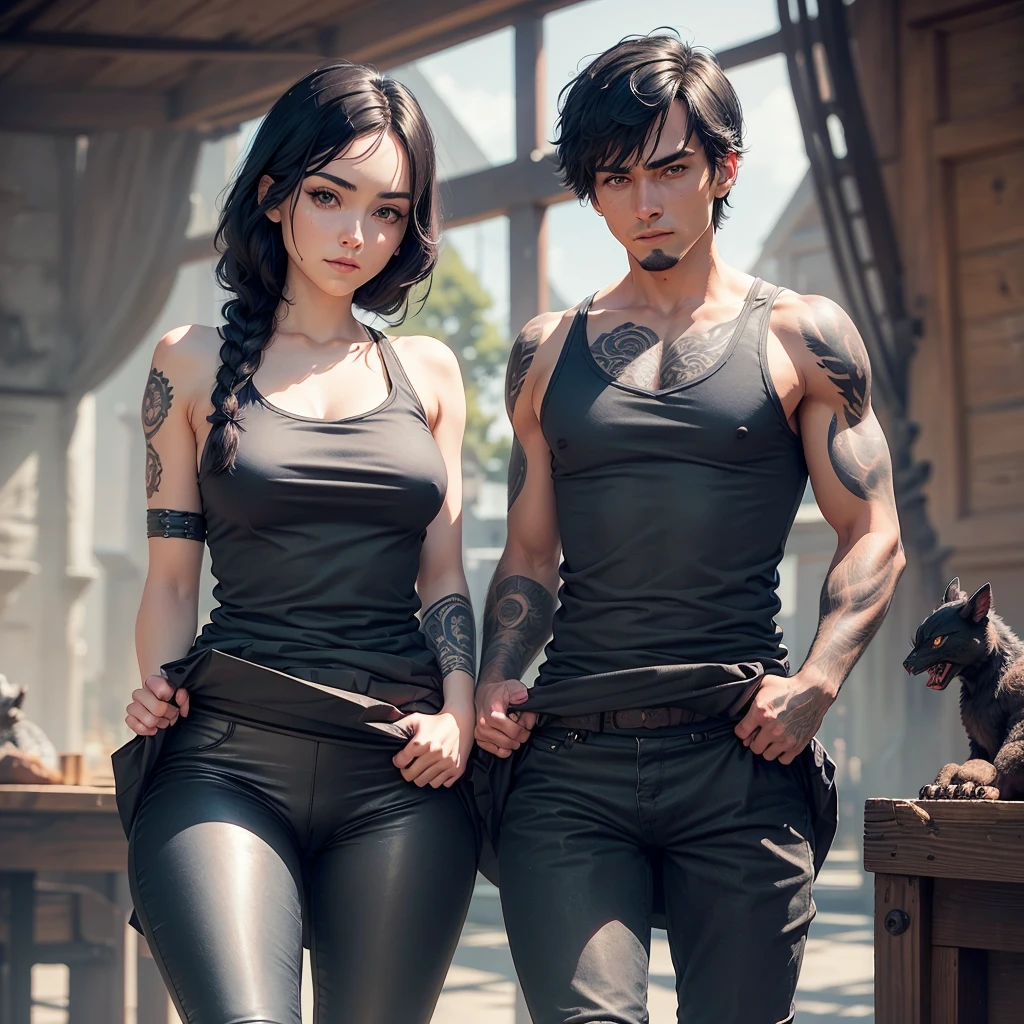 Realistic couple characters, a woman with black braided hair, dressed in black leather pants, a black sleeve blouse, with small, heelless boots and a dagger on her left leg. Make the man with short black hair holding his hands, a strong and taller man, make him wear leather pants and black boots, put a black tank top on him showing his tattooed and scarred arm. Add two animals to the background, one being a dark-furred dragon with dark blue scales and the other being a completely black dragon.