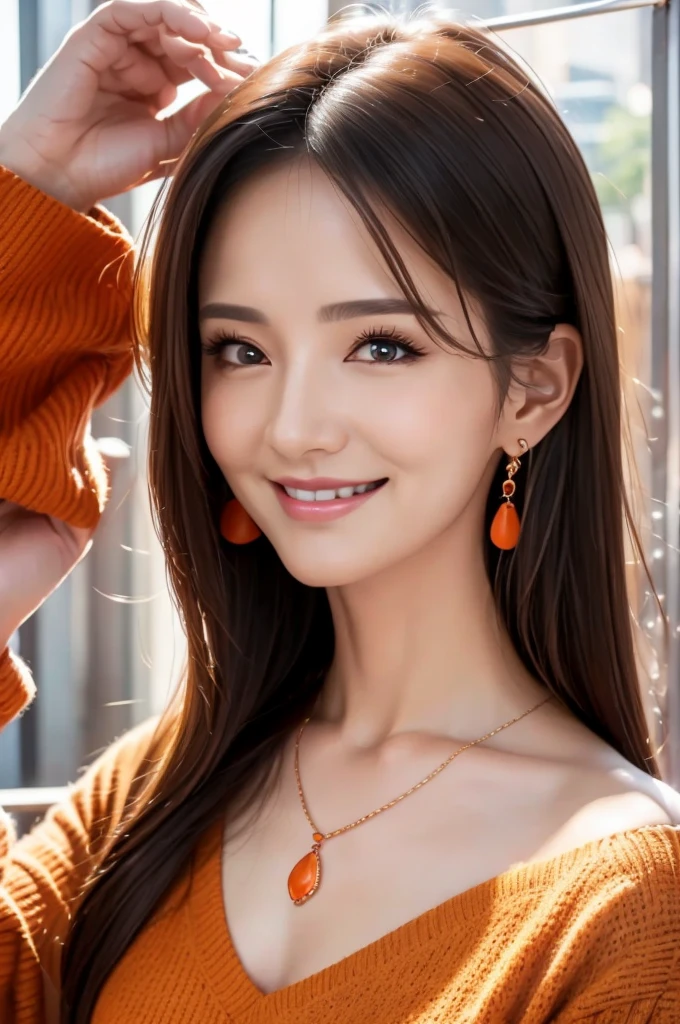 muste piece、best quality、illustration、 Super detailed、fine details、 High resolution、8K Dende Wallpaper、perfect dynamic composition、30 year old beautiful mature woman、clear、detailed face、detailed eyes、textured skin、smile、small breasts、casual wear、orange light outfit, necklace, earings,