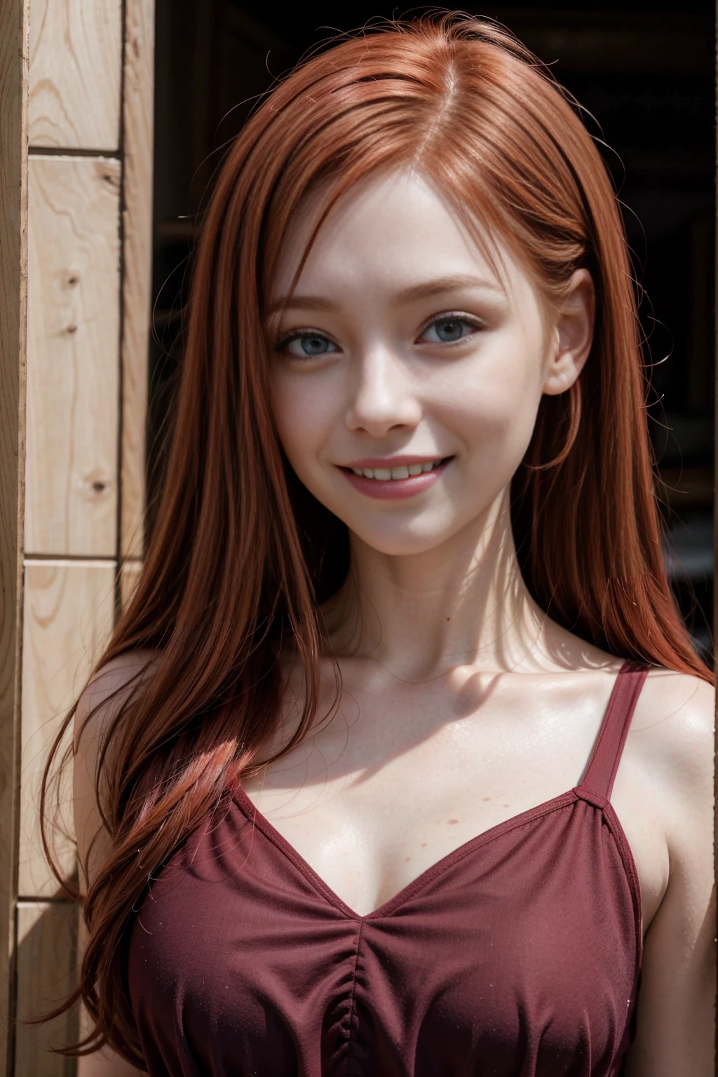 Redhead albino woman with realistic realistic smile in her realistic burgundy dress smiling clearly at the viewer