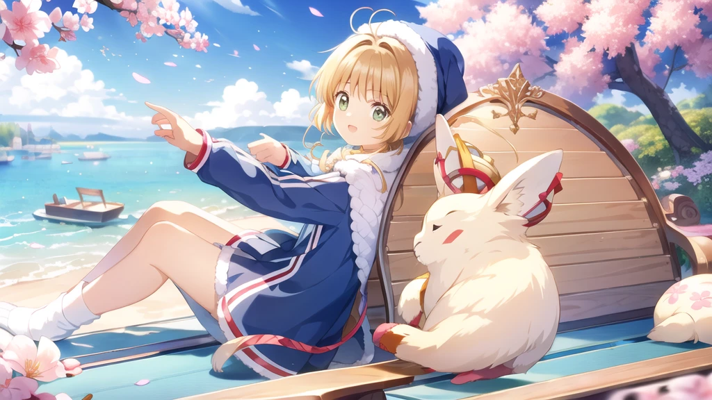 masterpiece, Highest quality, One girl, alone, cherry blossoms, Dressed in winter clothes, socks, Both sides up, summer、Seaside