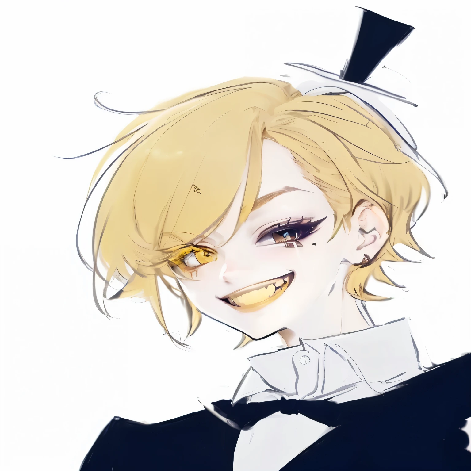 Cartoon character wearing a top hat and bow tie, [[[[smile wickedly]]]], Sanji, Kagamine Rin, Blond boy with yellow eyes, A delicate androgynous prince, (Wink), A slightly happy look, Demon Slayer Louis Fan Art, Gap Moe Yandere, Beautiful androgynous prince, Bitter smile, Short hair