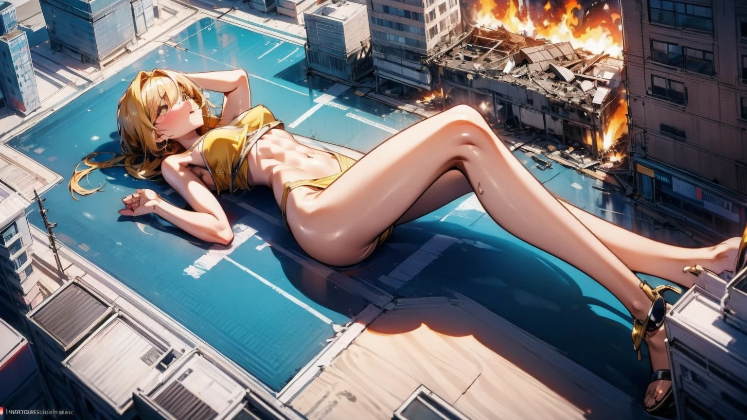 Giantess with firm , long sexy legs, yellow hair and in a bikini is lying on the ground, while the city at her feet burns in flames for the destruction she has caused, while the tiny people climb on her body to try to defeat her uselessly. Giantess, goddess, macrophilia, curvaceous body, hentai, fetish, sexy legs, bikini, high heels, high quality
