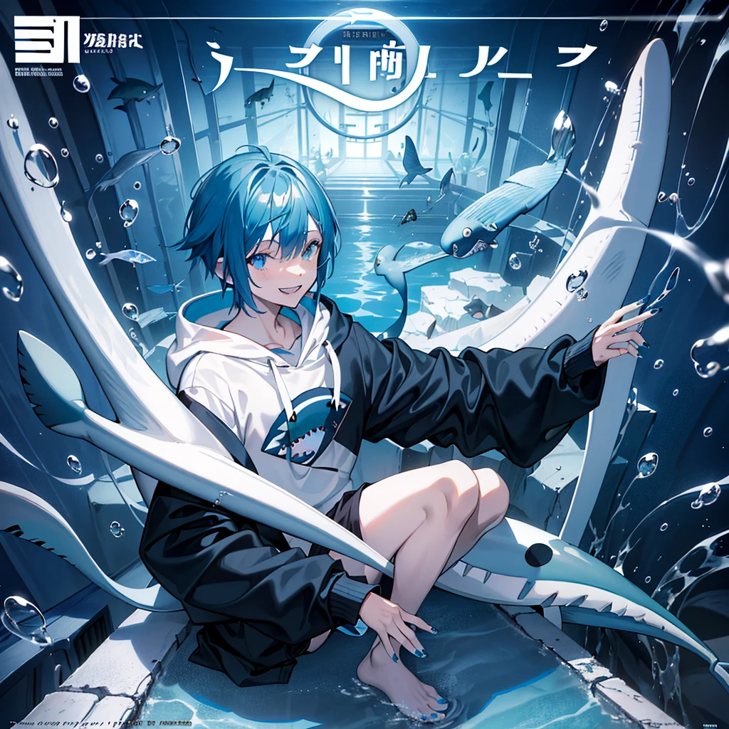 masterpiece, best quality, full body, (1boy), (Wearing a blue shark tail hoodie), (boy smiling shark teeth), (Boy Messy Japanese Round Haircut for Thick Hair), (blue nails), (blue hair), black shorts, ((solo)), (magazine:1.3), (cover-style:1.3), fashionable,Under water, (in side tunnel aquarium),