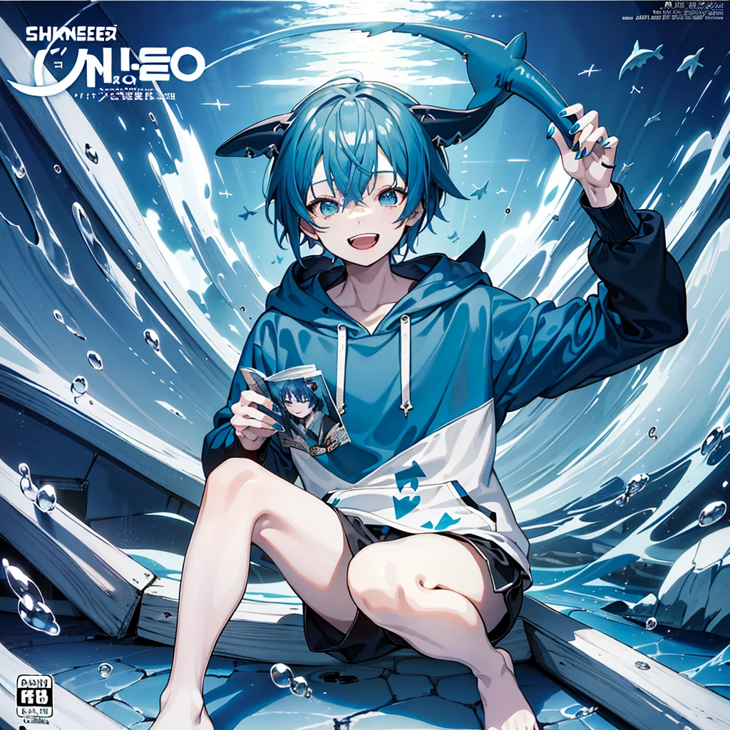 masterpiece, best quality, full body, (1boy), (Wearing a blue shark tail hoodie), (boy smiling shark teeth), (Boy Messy Japanese Round Haircut for Thick Hair), (blue nails), (blue hair), black shorts, ((solo)), (magazine:1.3), (cover-style:1.3), fashionable,Under water, (in side tunnel aquarium),