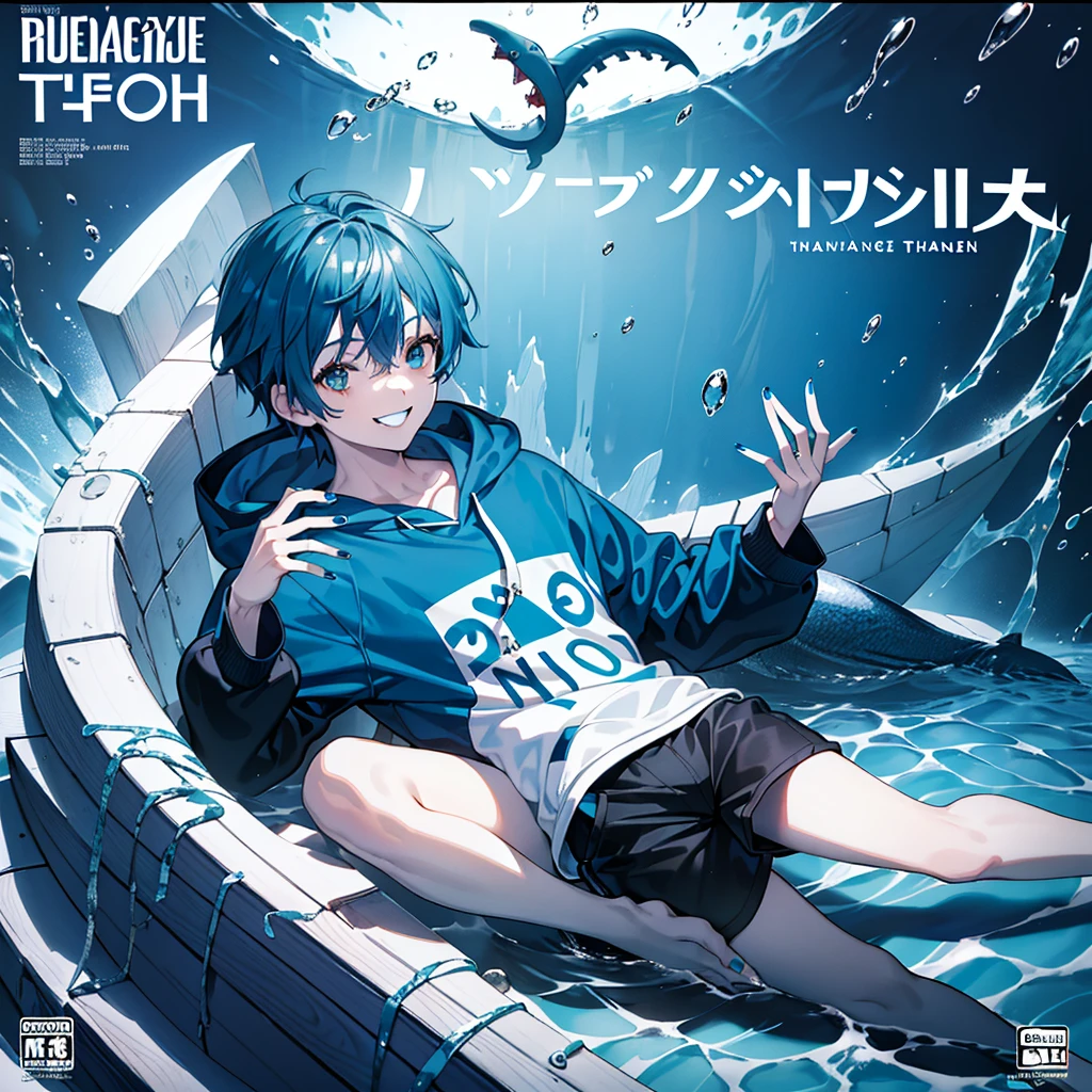 masterpiece, best quality, full body, (1boy), (Wearing a blue shark tail hoodie), (boy smiling shark teeth), (Boy Messy Japanese Round Haircut for Thick Hair), (blue nails), (blue hair), black shorts, ((solo)), (magazine:1.3), (cover-style:1.3), fashionable,Under water, (in side tunnel aquarium),