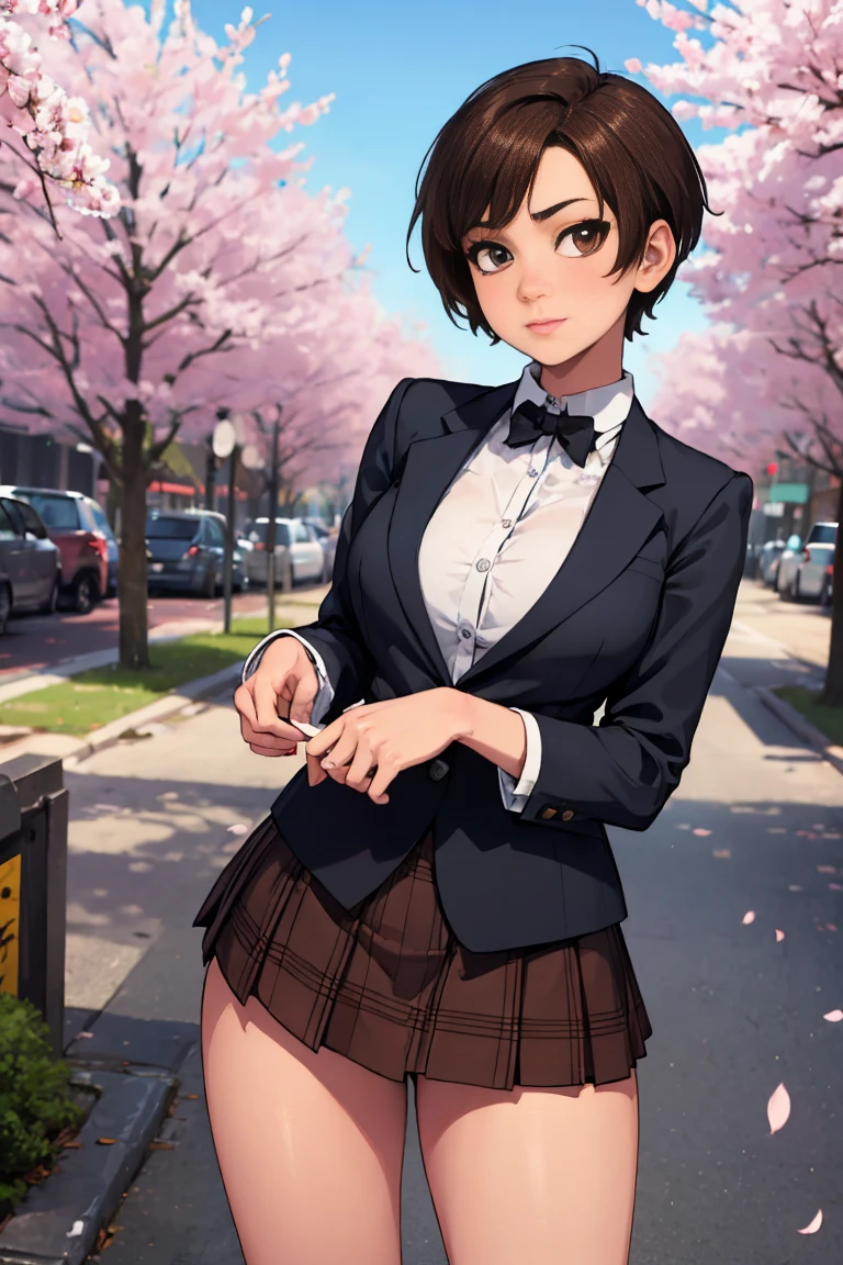 (best quality, ultra detailed, absolutely resolution:1.3), realistic, detailed cute face, detailed big eyes, detailed hair, detailed clothes, detailed realistic background, happy expression, 
BREAK (teenage girl:1.3), cheerful, 独奏, rebecca chambers, brown eyes, , blazer, plaid miniskirt, standing, medium breasts, thigh, fair skin, outdoors, downtown, cherry blossoms, 
Waiting to start 
