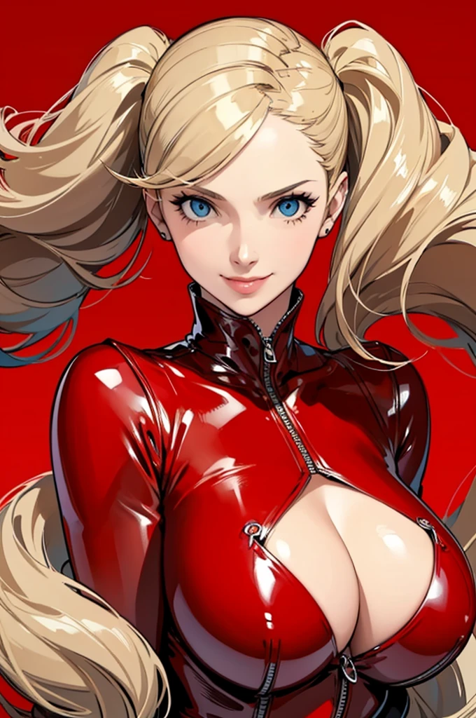 (masterpiece), best quality, expressive eyes, perfect face, busty, cleavage, large breasts, smile, simple red background, dspanther, red latex bodysuit, boob window, blond hair, twin pigtails