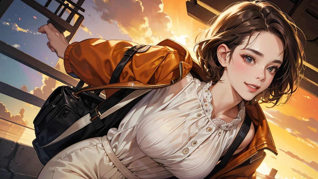 (perfect anatomy:1.2)(absurdres, highres, ultra detailed),masterpiece,best quality,high resolution,8K,Realistic face,Realistic skin texture,magnified textures, stunning clarity,detailed girl,1 girl.(ultra detailed eyes and face),22 years old.(gley jacket,White blouse、Brown Hair、Shortcuts、Natural Makeup、Women's Pants)、good feeling、laughing、(morningの電車)、smilingly、morning、Sunny、Orange Tote Bag、、Looking at the sky