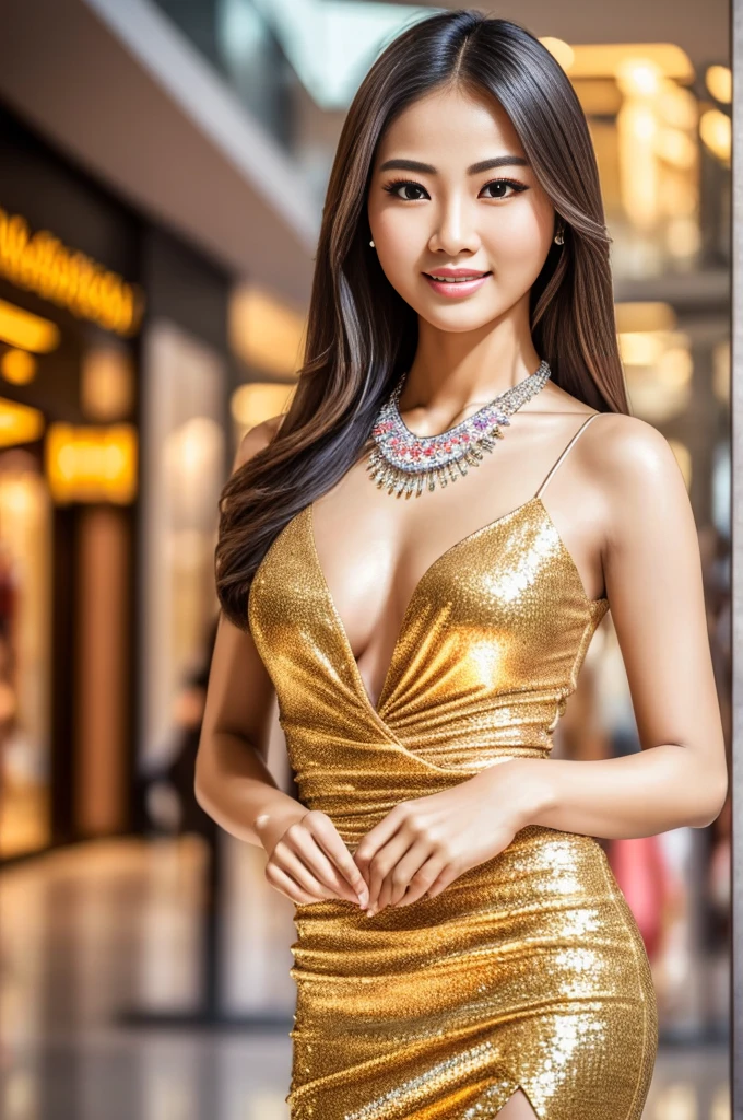 (masterpiece:1.4), (best quality:1.4), ultra high res, ultra high resolution, ((detailed facial features)), HDR, (realistic, photorealistic, photo-realistic:1.37), closeup, sexy seductive Thai woman, (seductive smile), long lashes, beautiful makeup, platinum blonde hair, fair skin, slender figure, elegant posture, wearing large sparkling colorful jewelery, wearing a business style leather dress, standing in a large shopping mall, gentle sunlight shining through the shopping mall windows, casting a soft glow on her face, adding warmth to the scene, vibrant colors, capturing the essence of vibrant city life, portrait style, showcasing her natural beauty and grace in a feminine way