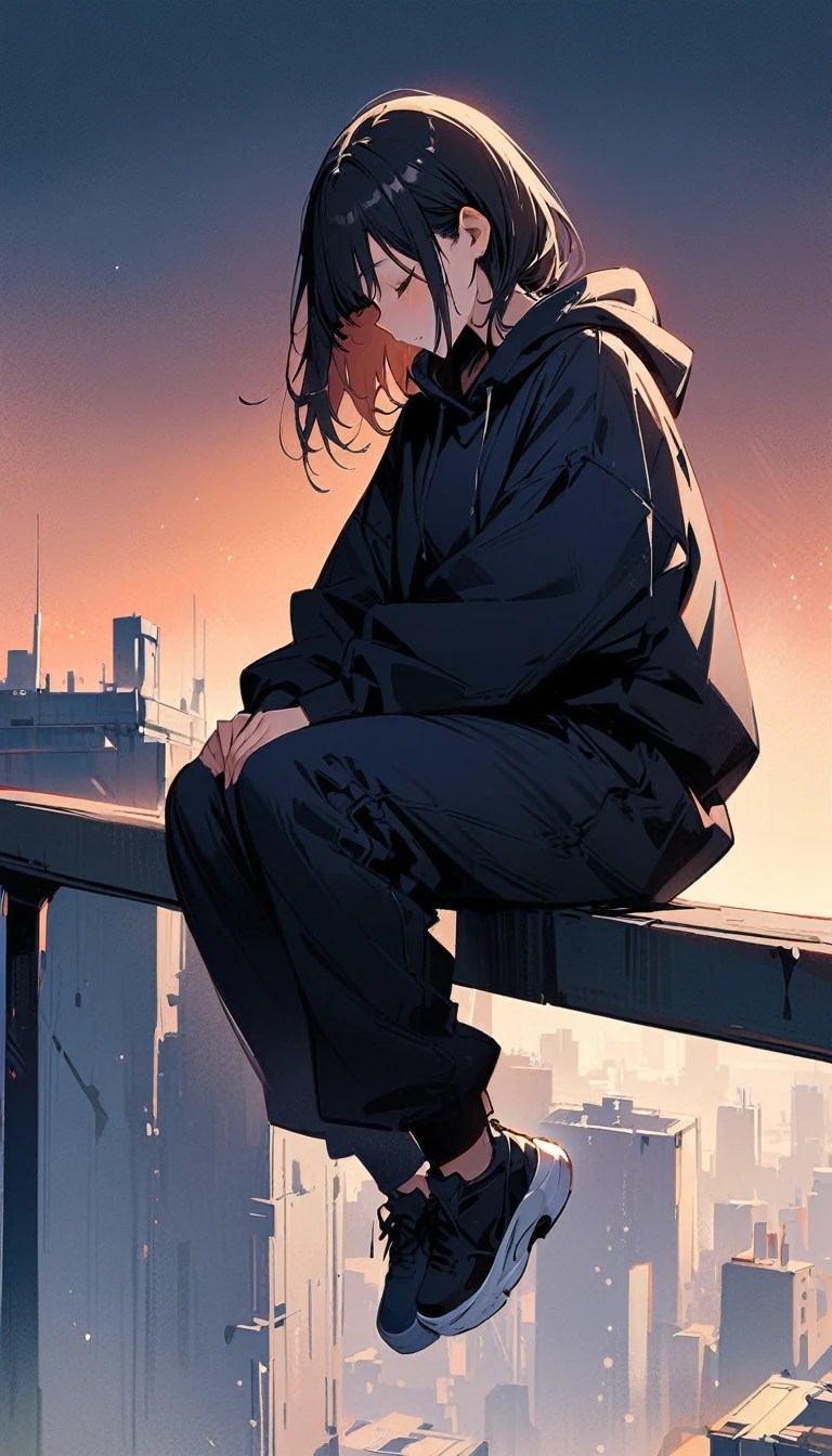 (masterpiece, best quality:1.2), 1 very beautiful girl, alone, baggy jumper, short, Sitting on the railing on the roof of a very tall building, whole body, simple background looking down from the sky, 
