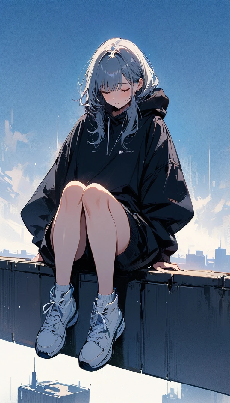 (masterpiece, best quality:1.2), 1 very beautiful girl, alone, baggy jumper, short, Sitting on the railing on the roof of a very tall building, whole body, simple background looking down from the sky, 