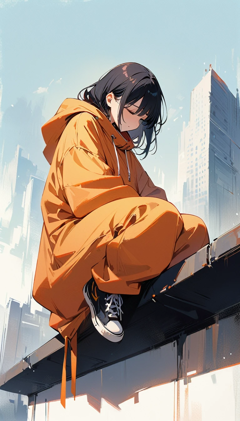 (masterpiece, best quality:1.2), 1 very beautiful girl, alone, baggy jumper, short, Sitting on the railing on the roof of a very tall building, whole body, simple background looking down from the sky,