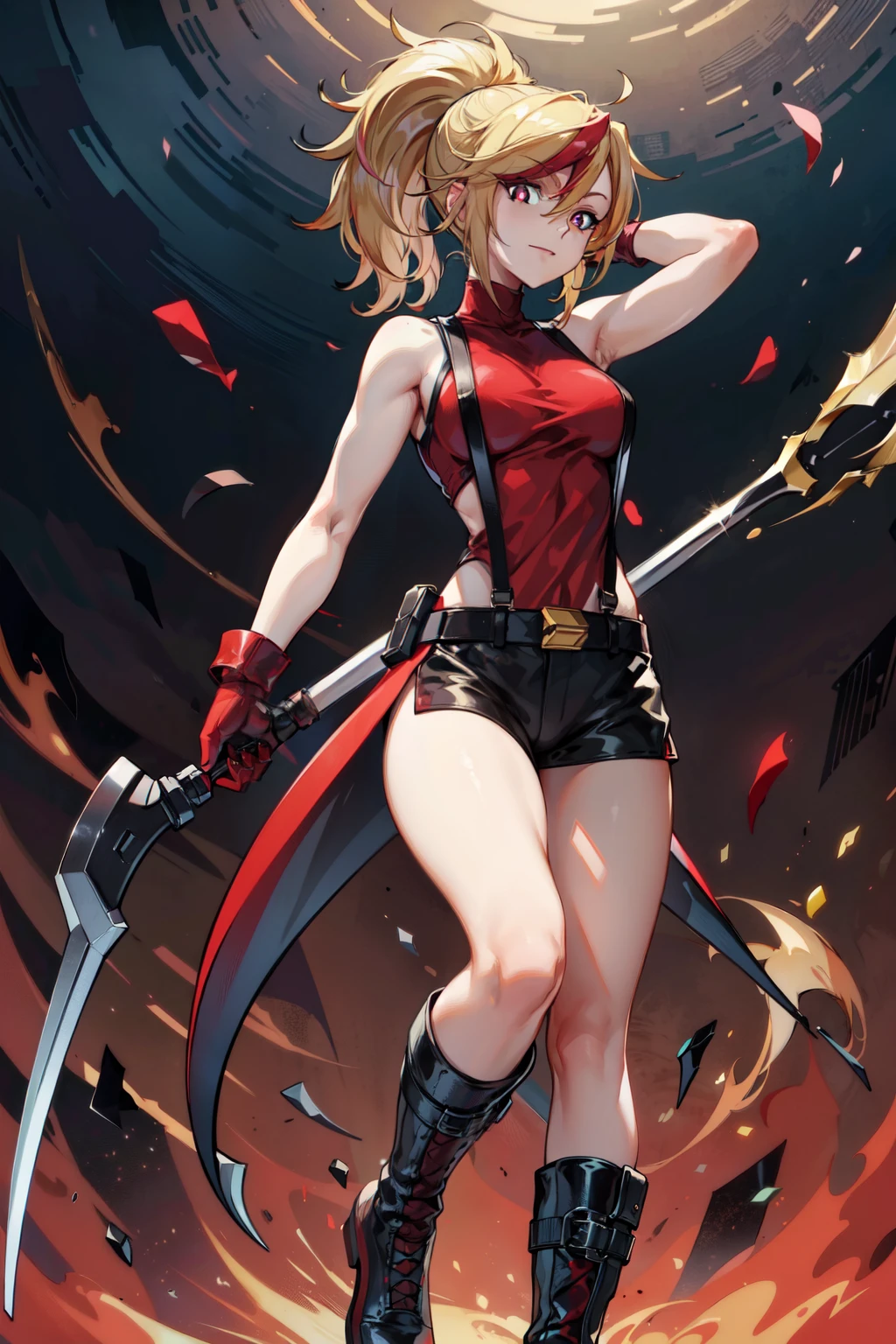 (masterpiece, best quality:1.2), red glowing eyes, red eyes, the eyes are red, perfect face, highres, 1 girl, solo, ultra long ponytail, (female:1.5), strife, blonde hair, shoulder armor, sleeveless turtleneck, suspenders, belt, gloves, bracer, evil smile, standing, portrait, looking at viewer, giant sword on the back, long leather boots, fullbody shot