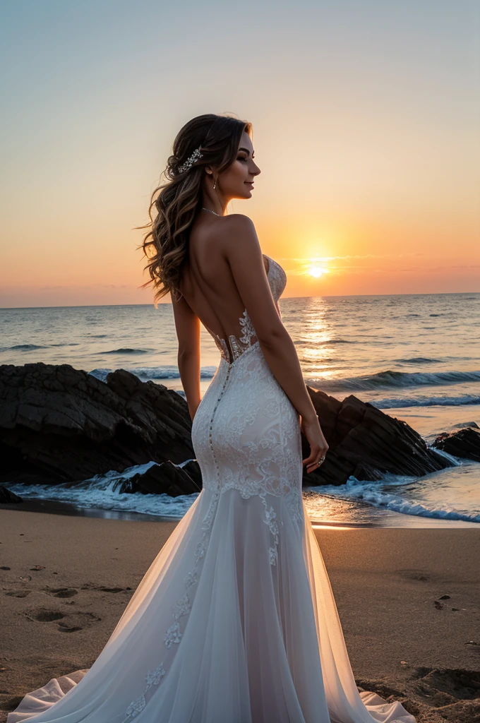 Woman getting married in a beautiful place with sunset