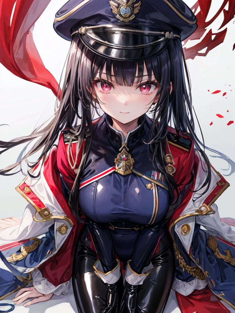 (Highest quality:1.2, artwork, Very detailed, expensiveディテール, digital coloring, High Contrast, masterpiece:1.2, Highest quality, Best aesthetics), 8K,masterpiece, cute,expensive,beautiful,Highest quality, 1 female,Black Hair,Long Hair,Hollow Eyes, (finely detailed empty pupils and Detailed face),,,,Very detailedな CG ユニティ 8K 壁紙,alone,(Latex military costume:0.9),Large Breasts,Captivating smile,military hat,latex thigh high,Large Breasts,Black Hair,Pink Eyes,Pink leotard,pantyhose,Military coat,patent leather suit,Glossy Lips,Sitting,Bust Shot,Sadistic smile,,all,Shiny skin,Military coat,Detailed face,beautiful body,whole body,Adult,whole body油まみれで光沢感がある　whole bodyから湯気が出ている　Steam like a sauna room fills the screen..　White breath from the mouth