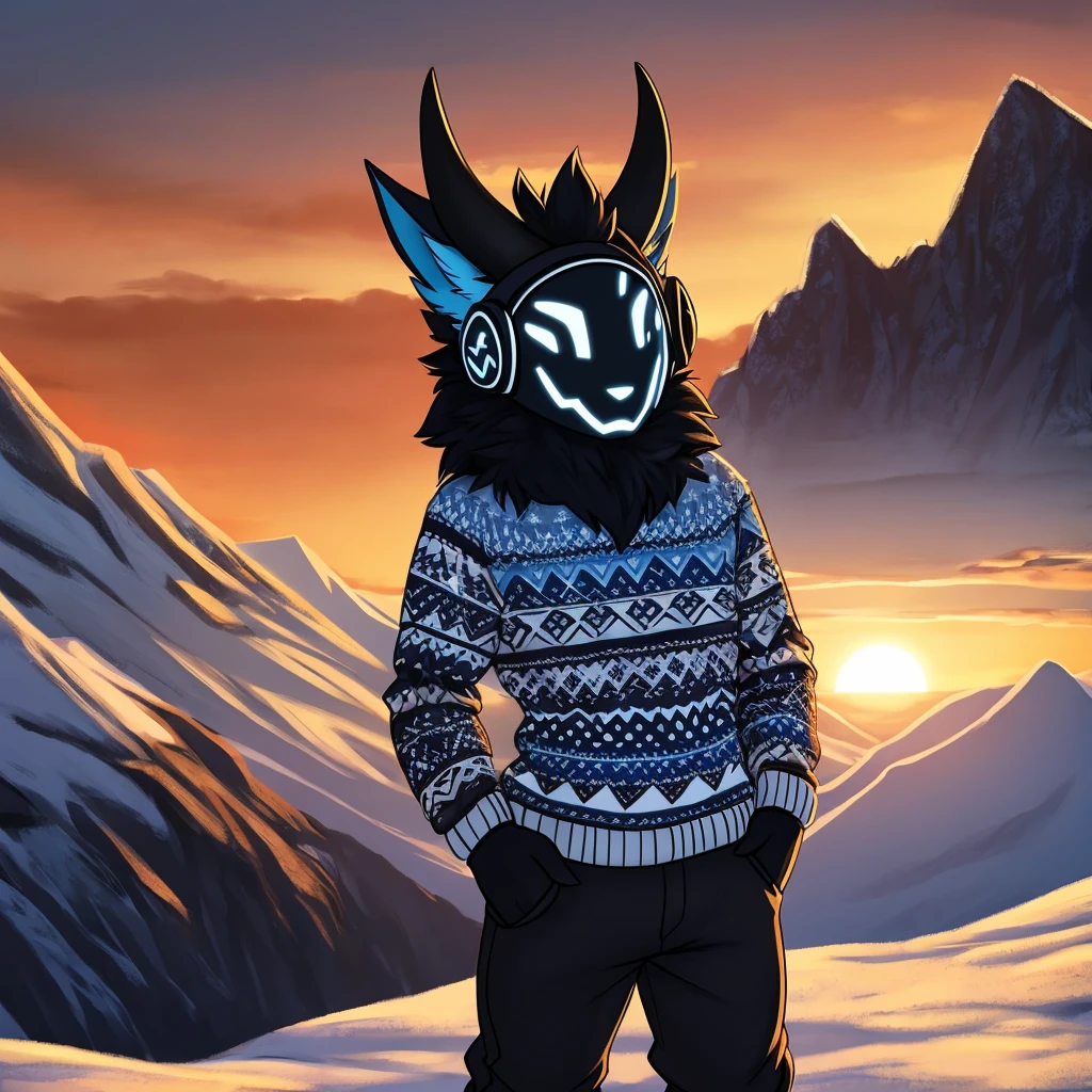 Hairy protogen with horns not so big or small on its head and smiling at a sunset in a mountain and blue in color with black and white fur and with the body of a protogen with more vital parts and with a sweater and mountain pants being alone and his tail a little long and fluffy and not with a Christmas sweater but with a sweater