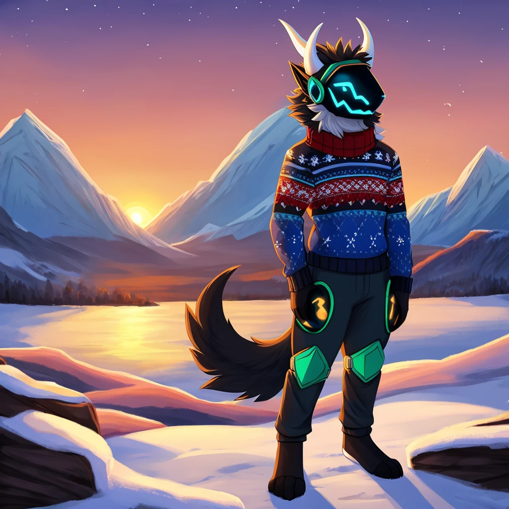 Hairy protogen with horns not so big or small on its head and smiling at a sunset in a mountain and blue in color with black and white fur and with the body of a protogen with more vital parts and with a sweater and mountain pants being alone and his tail a little long and fluffy and not with a Christmas sweater but with a sweater