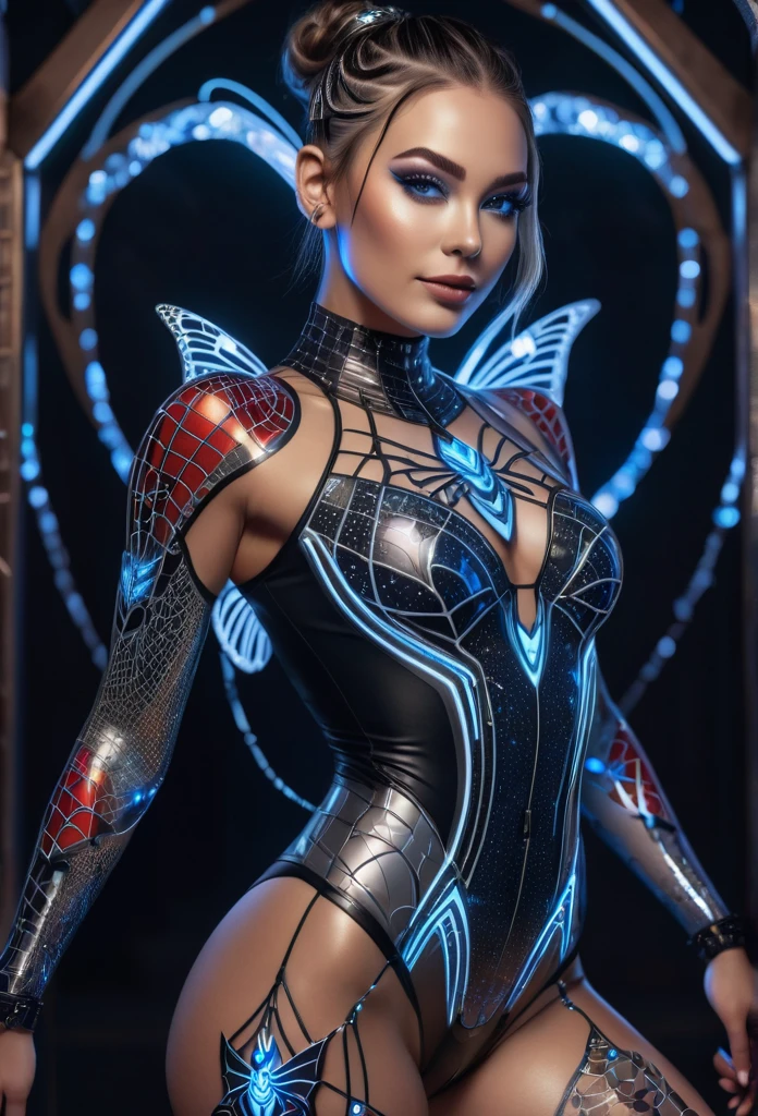 Full body photo, perfect anatomy, (muscular), 28-years-old girl, celestial sorcerer, ((multicolored with black, white, silver, red, platinum, blue, gray)), vivid make-up, smile, ((spider-webs with glowing glossy crystal threads)), luminous, inner glow, Bar lighting, complex, fractal isometric bio-luminescence details, outline and background glow, jewelry, [tattoos], (looking at camera), ((futuristic outfit with bright glowing details, cyborg parts and butterfly pattern details)), (thin waist and legs), (pronounced feminine features), ((cyborg and computer parts)), (epic composition), aesthetic, intricate, (extremely detailed 8k wallpaper), masterpiece, sharp focus, perfect face, perfect eyes, highly detailed texture, award-winning photography, happy, ultra realistic