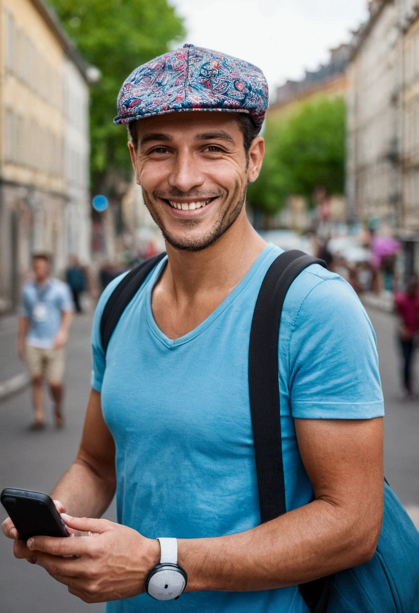 Un homme portant une casquetee tient dans la ville, le style casual, portrait sur les réseaux sociaux, portrait détaillé, (haut du corps) utiliser un visage souriant au téléphone portant une tenue professionnelle