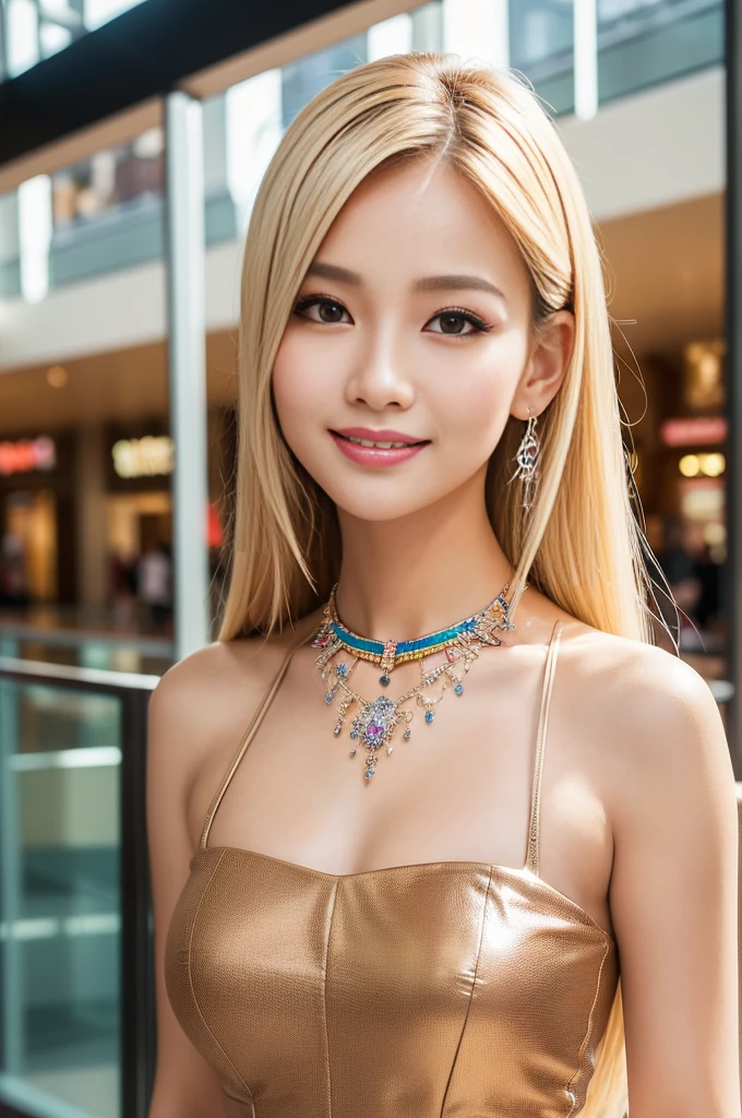 (masterpiece:1.4), (best quality:1.4), ultra high res, ultra high resolution, ((detailed facial features)), HDR, (realistic, photorealistic, photo-realistic:1.37), closeup, sexy seductive Thai woman, (seductive smile), long lashes, beautiful makeup, platinum blonde hair, fair skin, slender figure, elegant posture, wearing large sparkling colorful jewelery, wearing a business style leather dress, standing in a large shopping mall, gentle sunlight shining through the shopping mall windows, casting a soft glow on her face, adding warmth to the scene, vibrant colors, capturing the essence of vibrant city life, portrait style, showcasing her natural beauty and grace in a feminine way