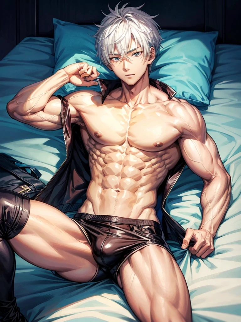 Anime guy about 16 without outerwear. Muscular with 6-pack abs and back. With white hair. Lying on the bed.