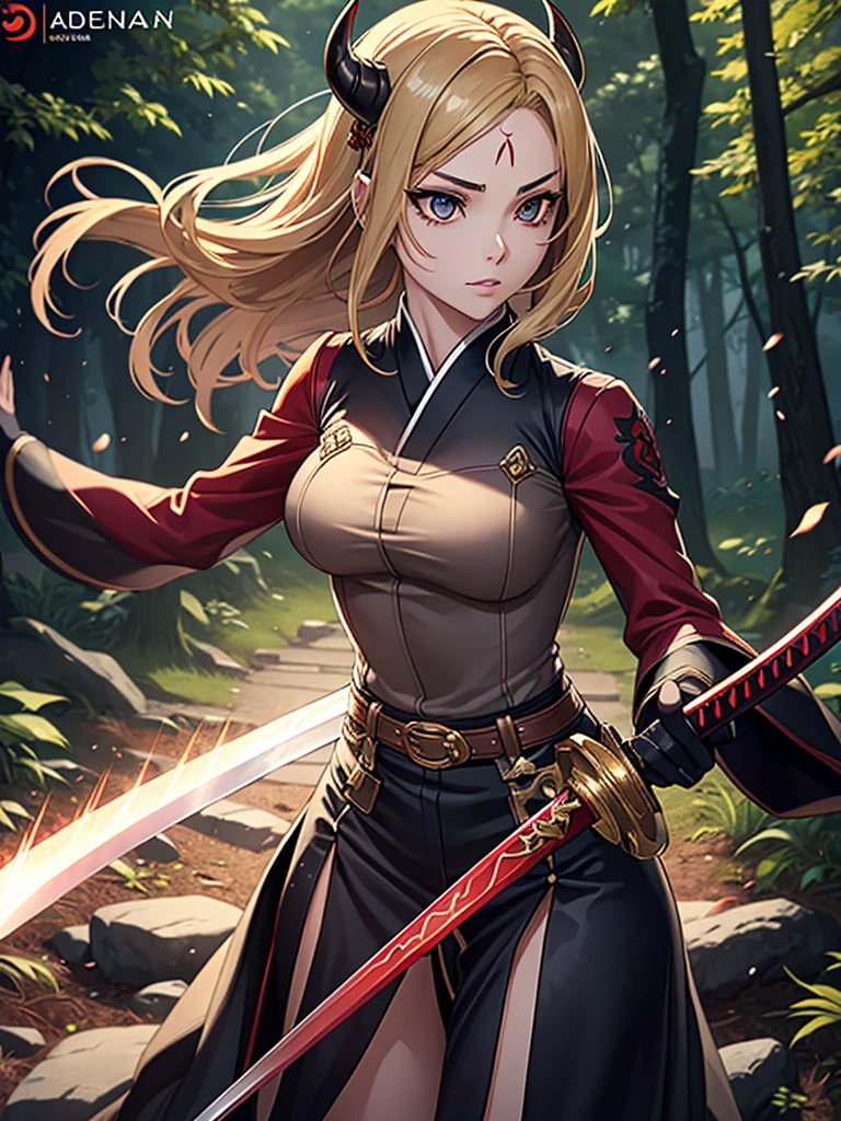 A beautiful young woman with short brown hair and a mix of blonde and brown eyes, wearing the standard Demon Slayer Corps uniform. She has a red haori with a pattern on it, and a large plus-shaped scar in the middle of her forehead, with bangs covering it. She has an elegant and kind expression, embodying the Demon Slayer art style. The woman is standing in a peaceful, daytime forest, holding a katana sword. She shines like a diamond, radiating an ethereal beauty. (best quality,4k,8k,highres,masterpiece:1.2),ultra-detailed,(realistic,photorealistic,photo-realistic:1.37),1girl,beautiful detailed eyes,beautiful detailed lips,extremely detailed eyes and face,longeyelashes,demon slayer uniform,red haori,plus-shaped scar,forest,katana sword,elegant,serious,kind,demon slayer art style,shining,diamond-like,anime