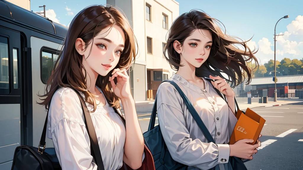 (perfect anatomy:1.2)(absurdres, highres, ultra detailed),masterpiece,best quality,high resolution,8K,Realistic face,Realistic skin texture,magnified textures, stunning clarity,detailed girl,1 girl.(ultra detailed eyes and face),22 years old.（gley jacket,White blouse、Brown Hair、Shortcuts、Natural Makeup、Women's Pants）、good feeling、laughing、（morningの電車）、smilingly、train,morning、Sunny、Orange Tote Bag、、Looking at the sky、standing