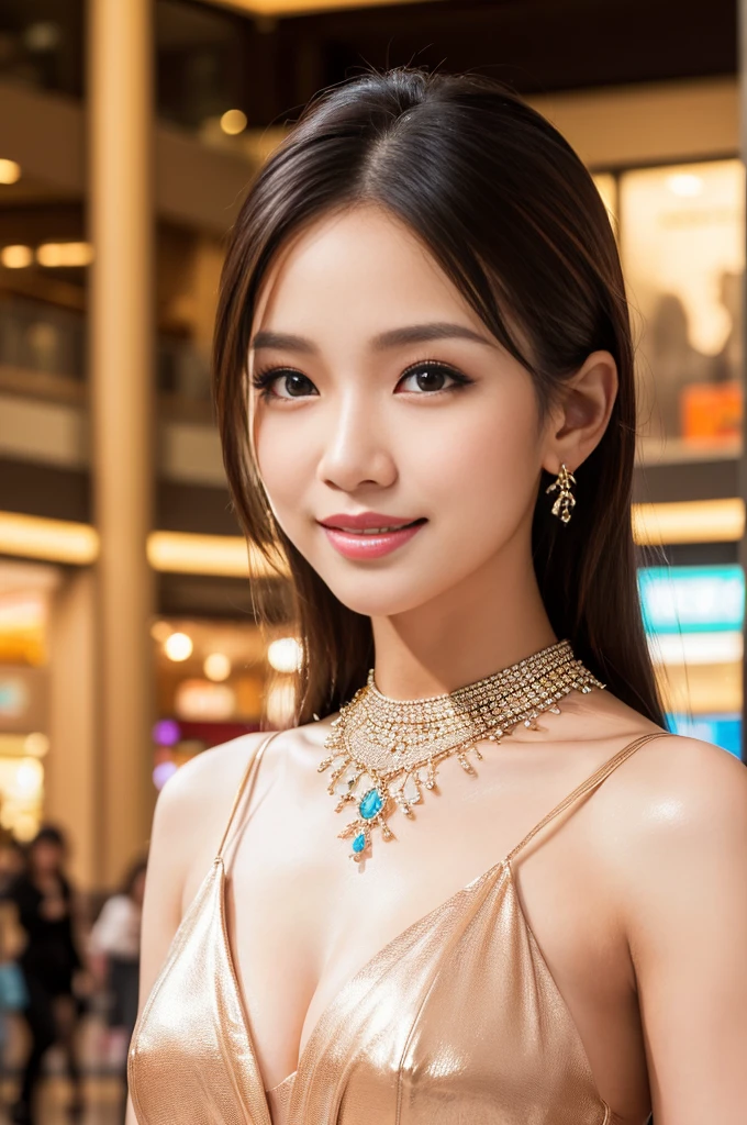 (masterpiece:1.4), (best quality:1.4), ultra high res, ultra high resolution, ((detailed facial features)), HDR, (realistic, photorealistic, photo-realistic:1.37), closeup, sexy seductive Thai woman, (seductive smile), long lashes, beautiful makeup, platinum blonde hair, fair skin, slender figure, elegant posture, wearing large sparkling colorful jewelery, wearing a business style leather dress, standing in a large shopping mall, gentle sunlight shining through the shopping mall windows, casting a soft glow on her face, adding warmth to the scene, vibrant colors, capturing the essence of vibrant city life, portrait style, showcasing her natural beauty and grace in a feminine way