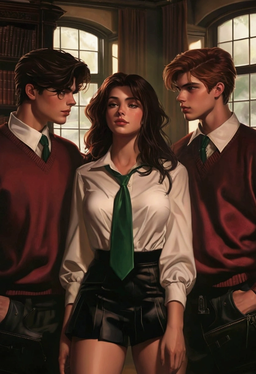 "Create a book cover featuring two characters: Hazel Hartmann and Ethan Beauchard. Hazel is a 17-year-old woman with long, chocolate-brown hair and almond-shaped amber eyes, dressed in a classic, elegant . Ethan is an 18-year-old man with dark hair and green eyes, also in a . Position them close together with a noticeable sense of tension between them. In the background, include a large bookshelf filled with books, setting an academic and sophisticated tone. The characters should have mature features, reflecting their ages and the intensity of their relationship."