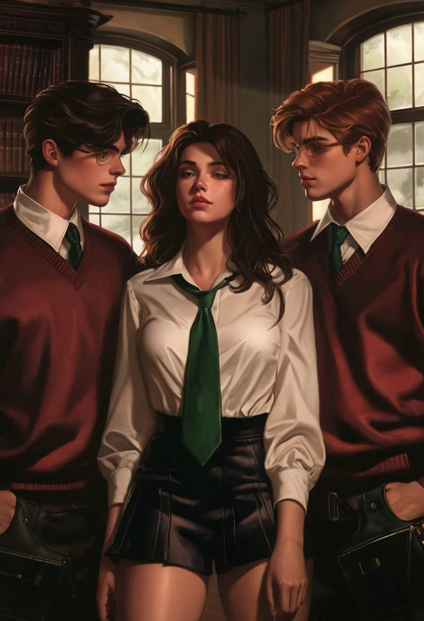 "Create a book cover featuring two characters: Hazel Hartmann and Ethan Beauchard. Hazel is a 17-year-old woman with long, chocolate-brown hair and almond-shaped amber eyes, dressed in a classic, elegant . Ethan is an 18-year-old man with dark hair and green eyes, also in a . Position them close together with a noticeable sense of tension between them. In the background, include a large bookshelf filled with books, setting an academic and sophisticated tone. The characters should have mature features, reflecting their ages and the intensity of their relationship."