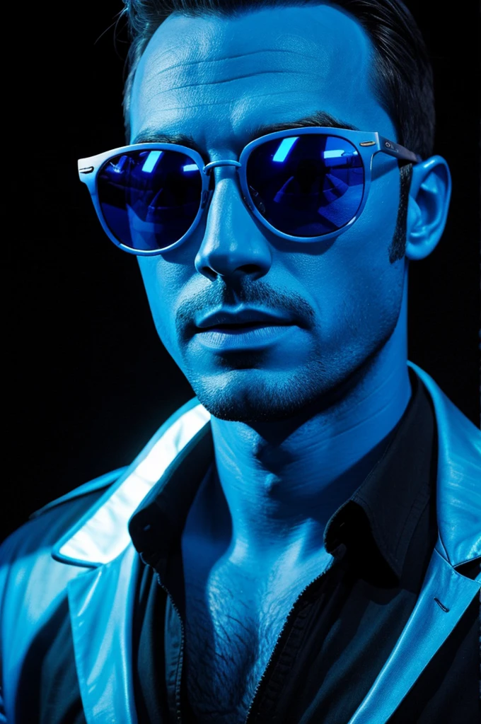 Make a blue man with sunglasses in the dark his face filled with blue lights make it look like a real picture
