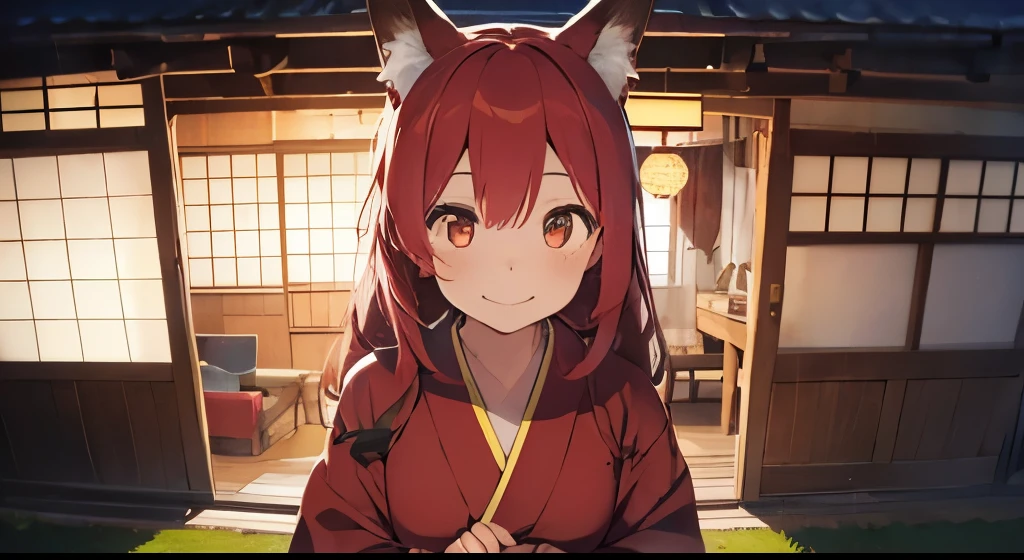 1girl with long ((!red hair))), amber eyes, fox ears, slender body, fox tail, ((red kimono)), sandals, 1Japanese 1cottage on background, evening, POV, smiling,face to camera, 1cottage door on background, upper view, giving hand to POV
