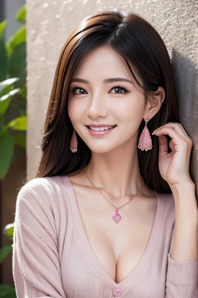muste piece、best quality、illustration、 Super detailed、fine details、 High resolution、8K Dende Wallpaper、perfect dynamic composition、30 year old beautiful mature woman、clear、detailed face、detailed eyes、textured skin、smile、small breasts、casual wear、pink lite shirt, necklace, earings,