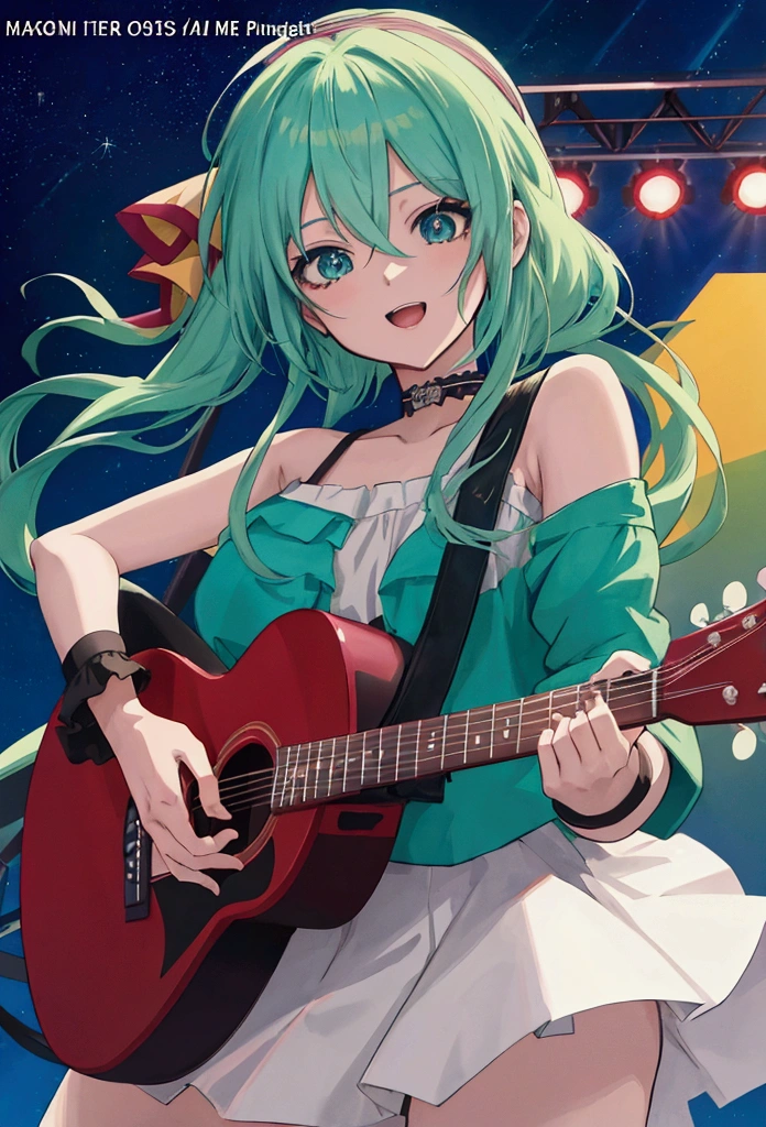 Anime character playing guitar at concert in spotlight, high detailed official artwork, official artwork, playing guitar on stage, mikudayo, anime girl with blue green hair, nightcore, best anime 4k kona-chan wallpaper, anime style 4k, clean and detailed anime art, official anime artwork, anime moe art style, featured anime of the day yet