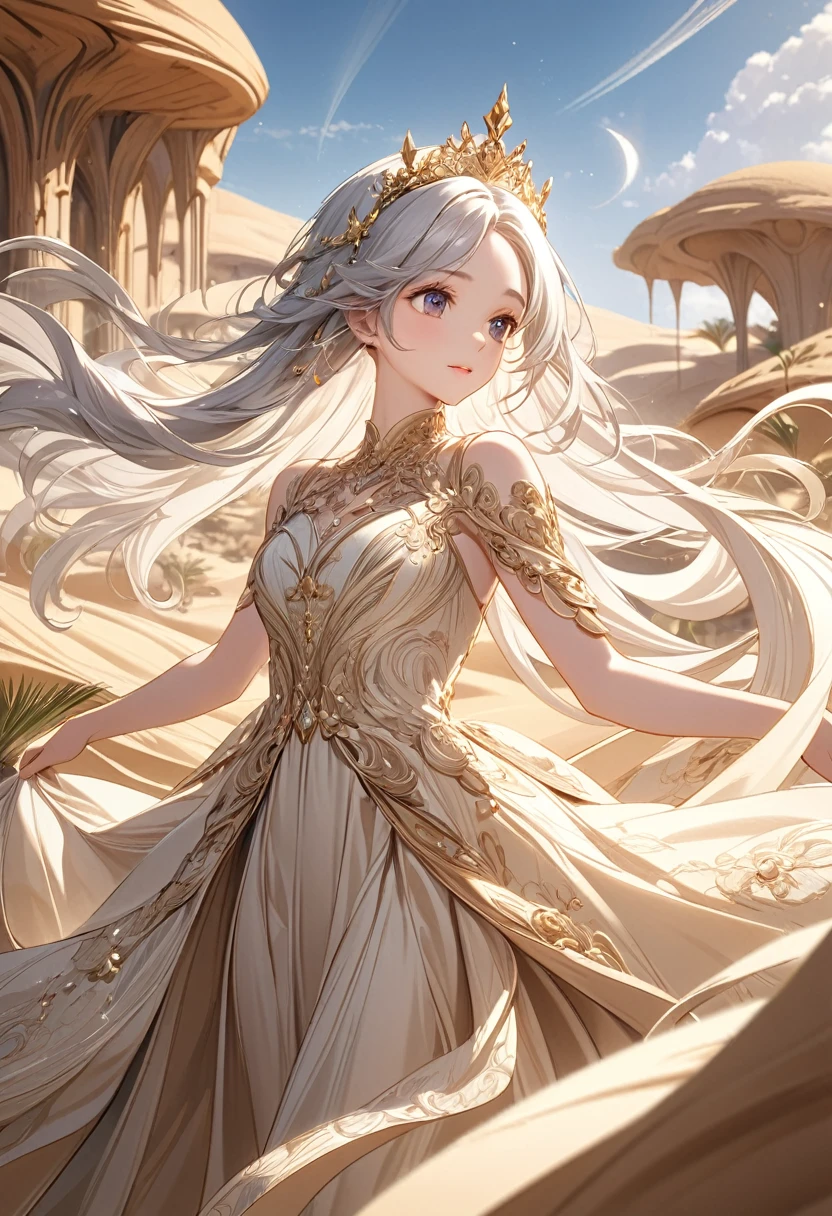   A charming and beautiful princess wearing a beige dress and a golden tiara stands in front of a desert oasis in the desert(close up)  hair is very long,Silver hair swaying in the wind, 

               Beige dress with gold thread decoration, flowing fabric and rich details, Sophisticated and elegant jewelry, , Delicate and luxurious art masterpiece beautiful, Intricate details Delicate and dynamic depictions of magical atmosphere Aesthetic art Precisely detailed fantasy art Ultra-detailed，complicated，Film perspective，The use of light and shadow in CG art is bright, High-quality animation style presentation