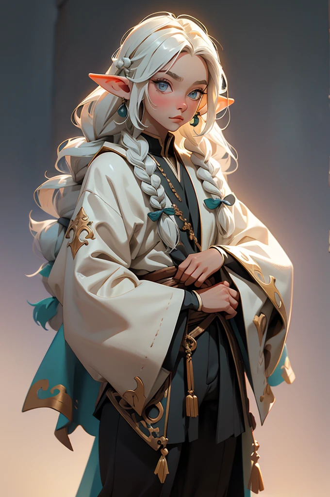 elf, young cute boy, long hair, braids, young, cute, ,medieval clothes, black and white clothes, jester, tanned skin, robe, pants, long socks, portrait
