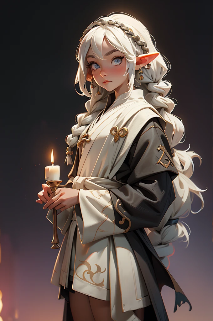 elf, young cute boy, long hair, braids, young, cute, ,medieval clothes, black and white clothes, jester, tanned skin, robe, pants, long socks, portrait