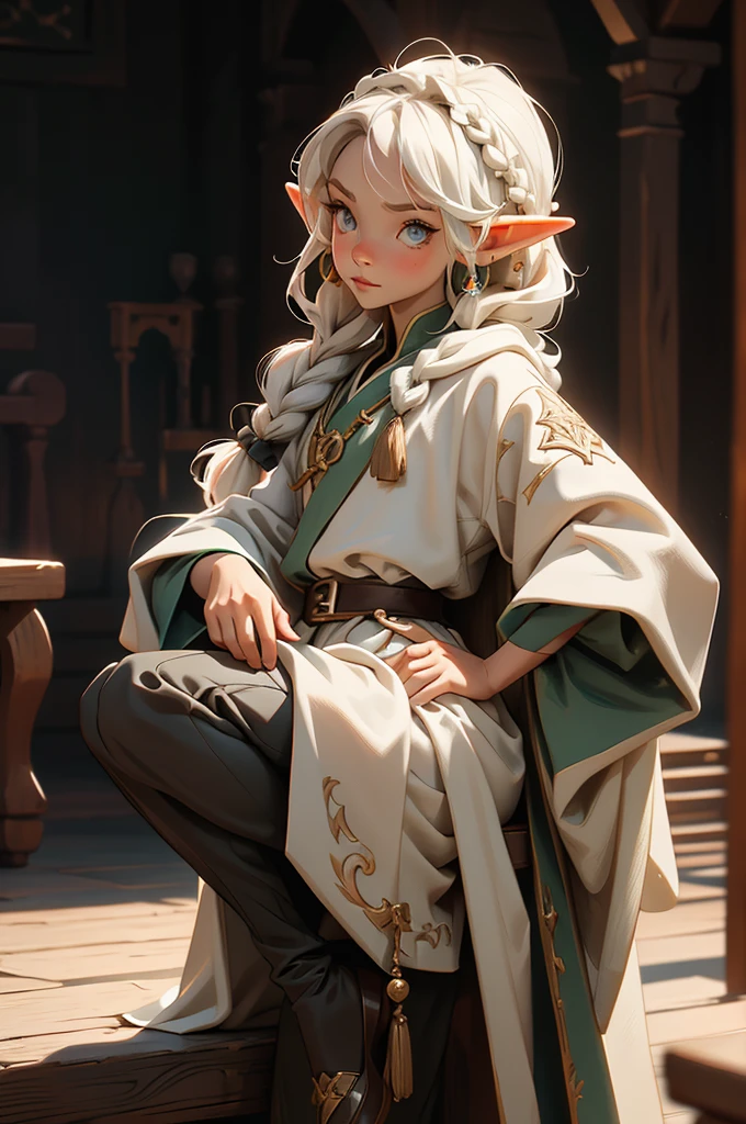 elf, young cute boy, long hair, braids, young, cute, ,medieval clothes, black and white clothes, jester, tanned skin, robe, pants, long socks, portrait

