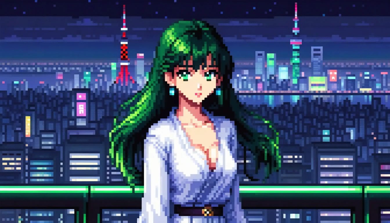 pixel, 16-bit Style, pixel art, Nintendo game scene, Cool colors, green,Tokyo at night in the background, Skyscraper, Skyline, Modern, Colorful lights, Tokyo Night, dark, A girl in the foreground, whole body, Woman with long black hair and bangs, dark eyes, depth of image　８０Decade Style　Clothes that reveal cleavage　Cool look　White clothes
